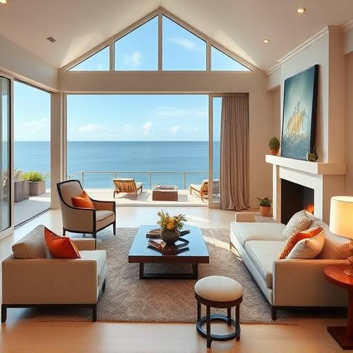 Living room interior of the villa with ocean views, stylish furniture, and a fireplace
